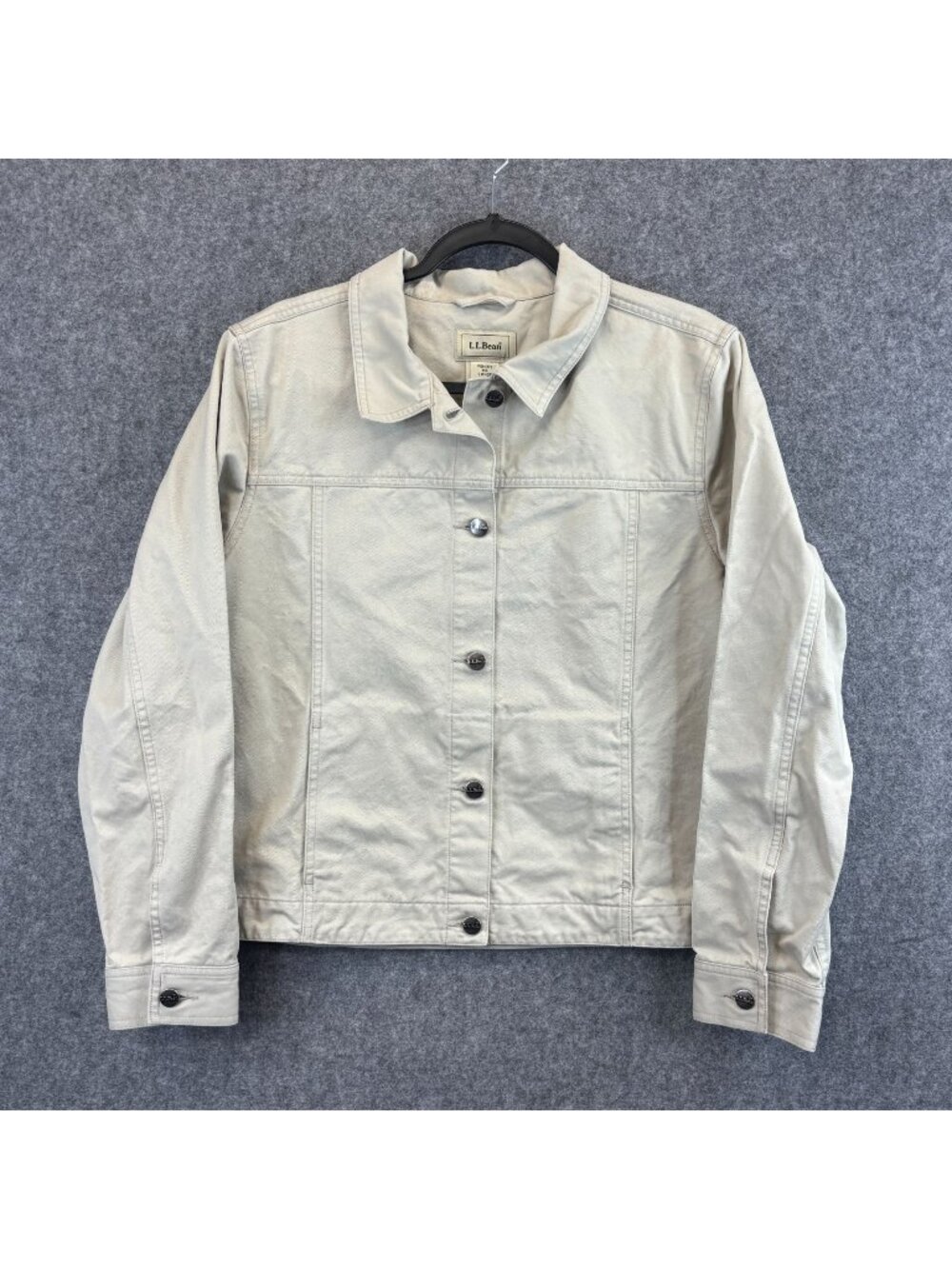 LL Bean Womens Size Large Denim Trucker Jacket Beige Cream Button-Up